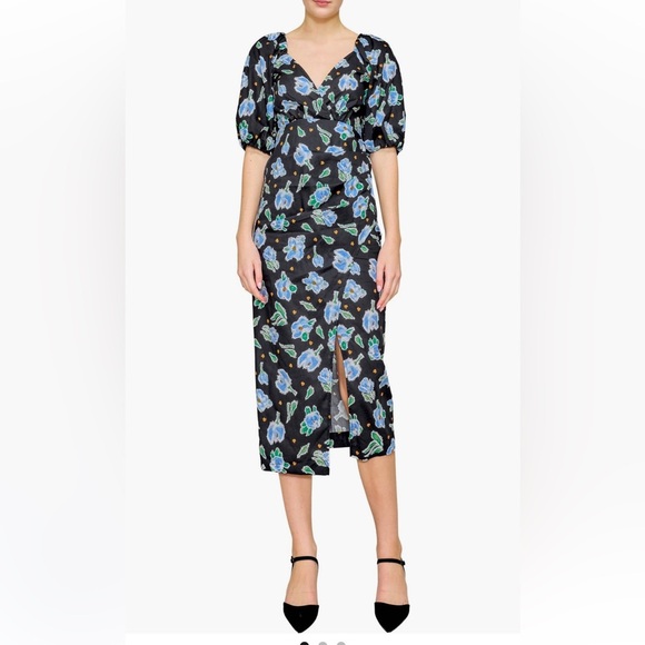 MELLODAY Dresses & Skirts - Melloday Puff Sleeve Poplin Faux Wrap Midi size S